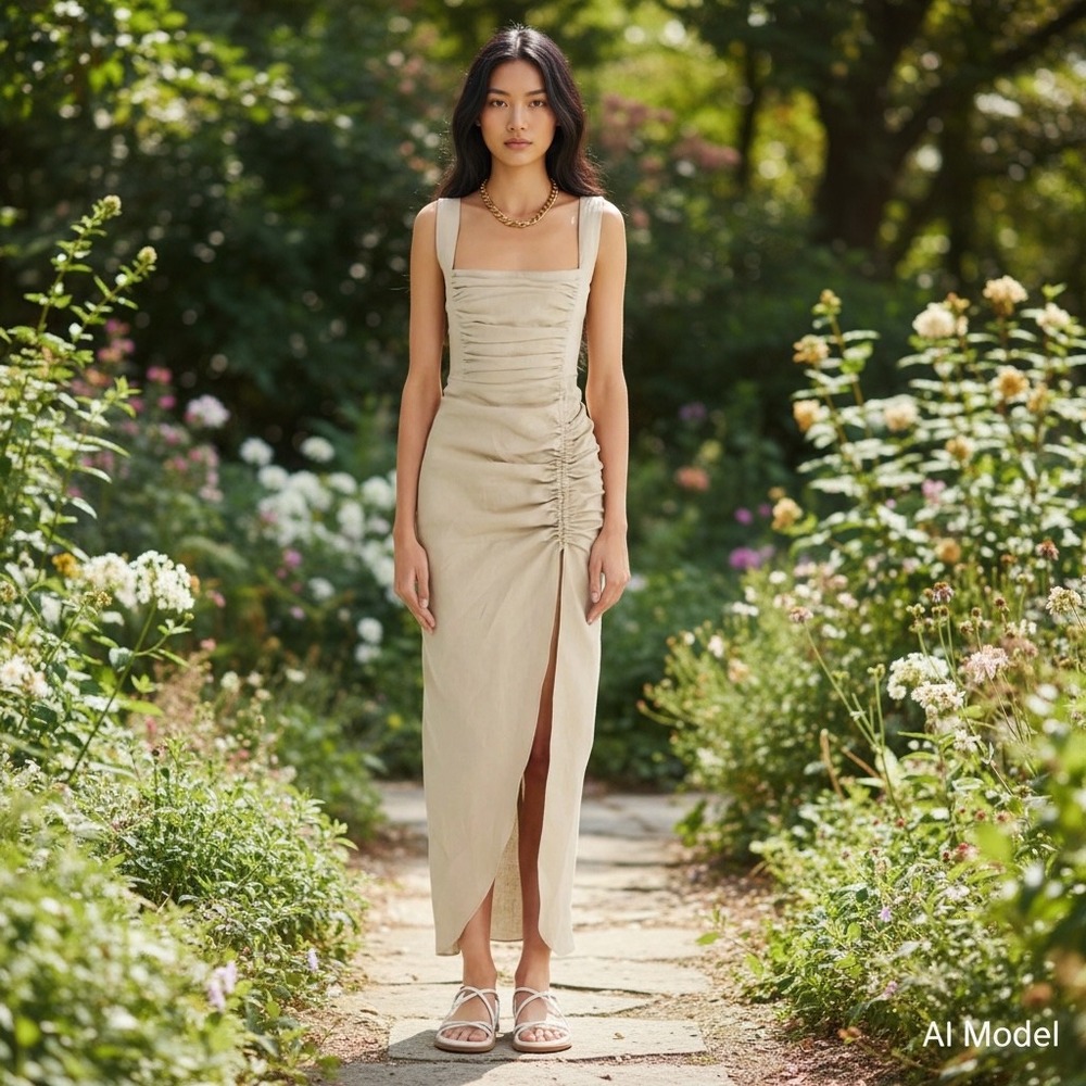 Rumer‎ Estelle SQ Neck Maxi Dress Women XS Natural Linen Ruched Slit R22131 NEW